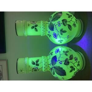 Pair Antique Uranium Glass Vases 39cm Satin Enamel Florals Att. Poschinger UV